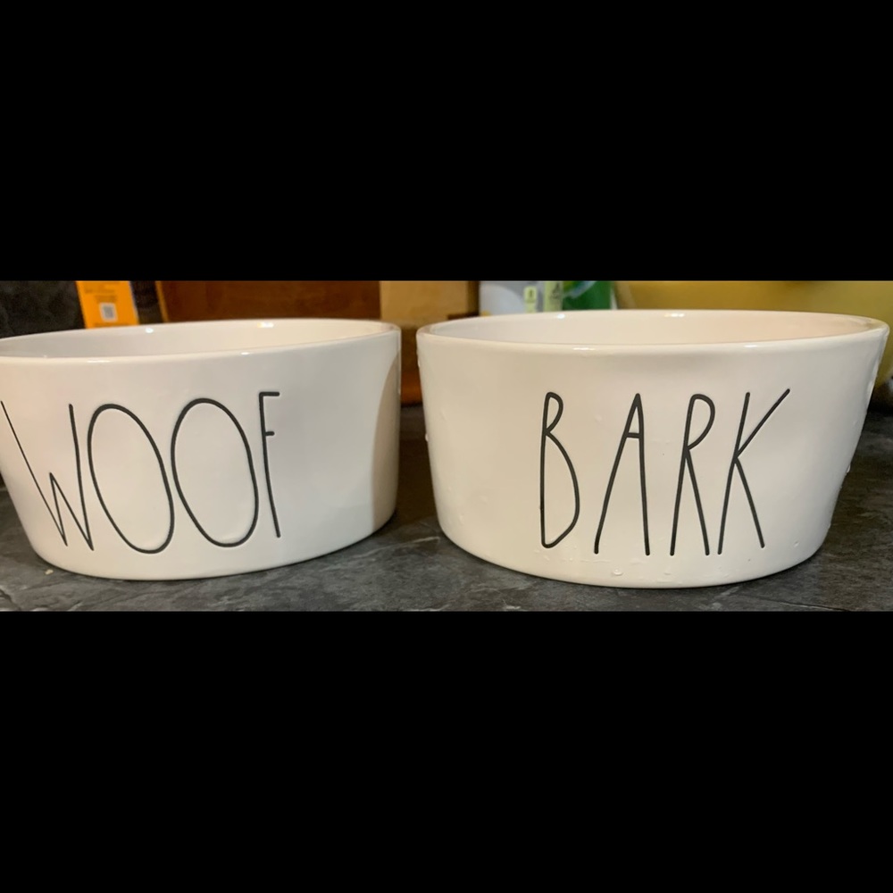 Rae Dunn WOOF and BARK dog food bowl set